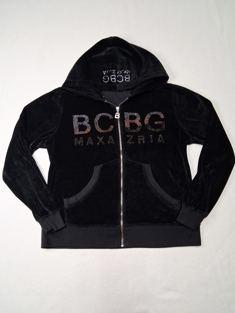 BCBG Y2K Max Azria Black Velour Zip Hoodie with Rhinestone Logo